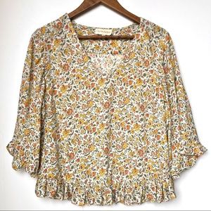 Cynthia Rowley Floral Ruffle Sleeve and Hem 3/4 Sleeve Top